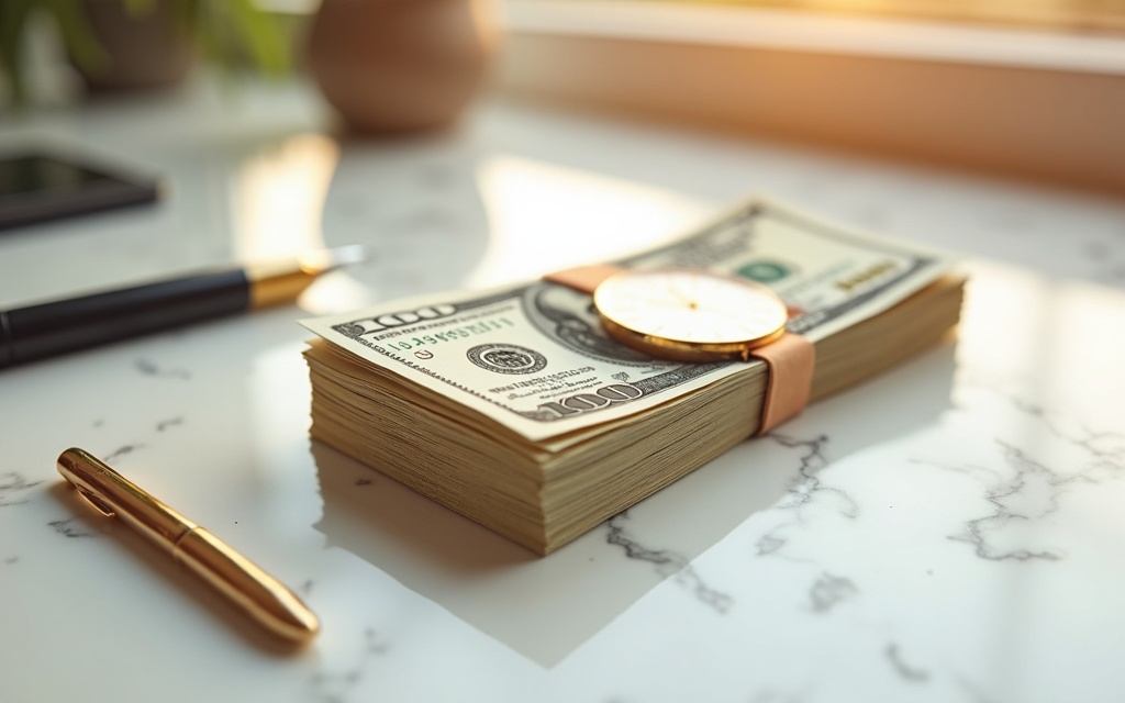 A stack of hundred-dollar bills with a gold watch — the guru flex