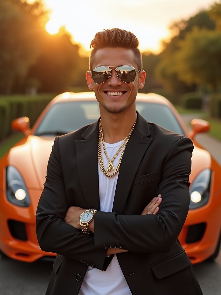 A parody ad guru mid-pitch — sunglasses, gold chain, supercar behind him